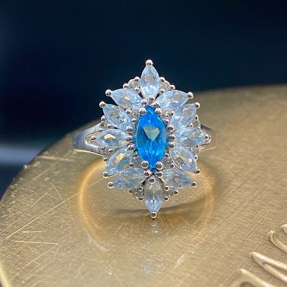 Elegant Vintage Statement Sterling Silver-925 Natural Aqua Marine & Blue Topaz